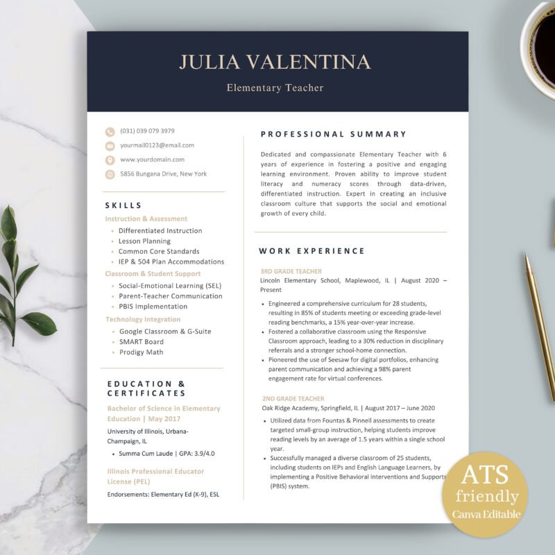 Professional Teacher Resume Template for Canva | ATS-Proof with Real Examples-C01